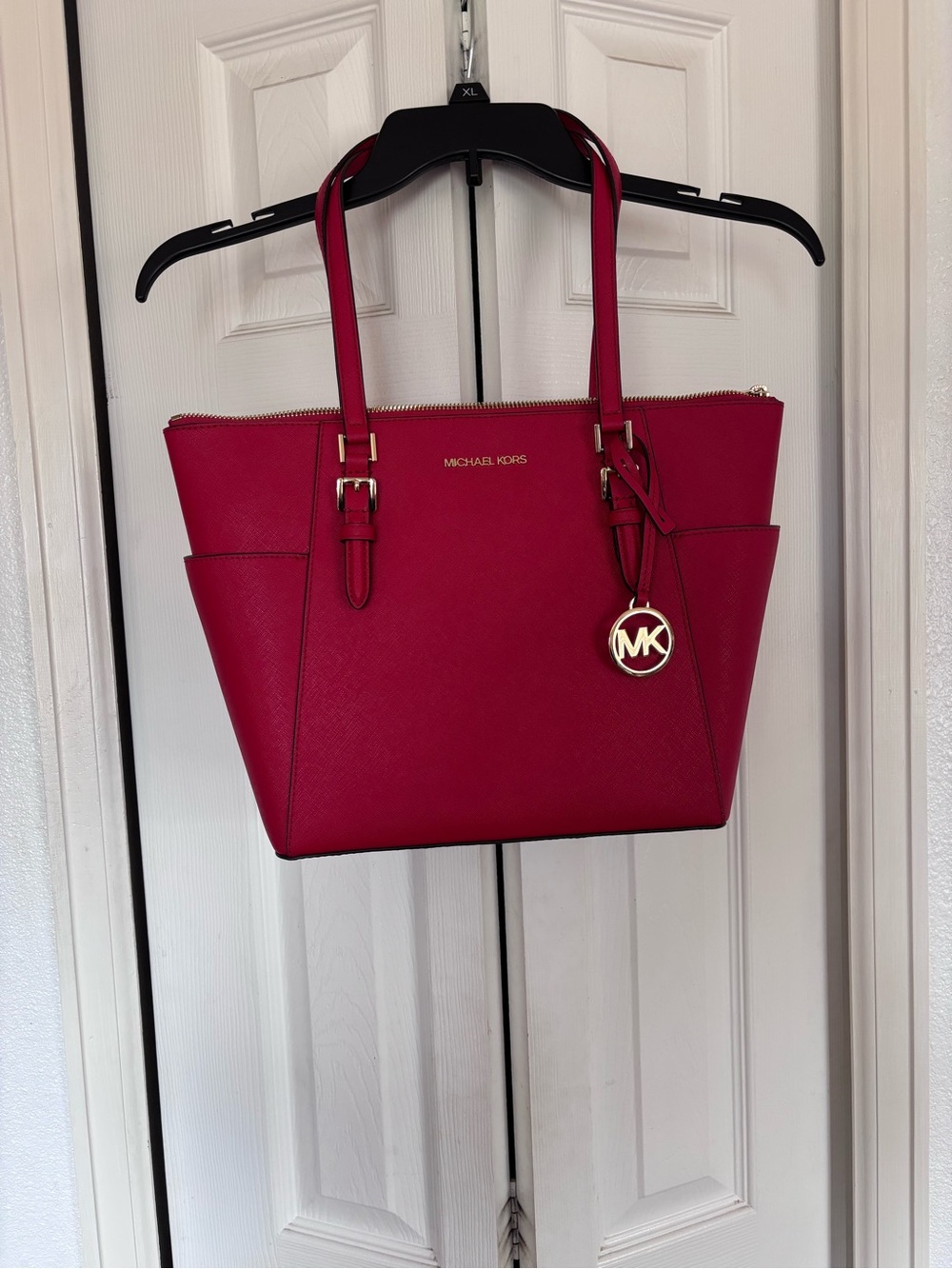 Michael Kors Red Saffiano Tote with Gold MK Charm